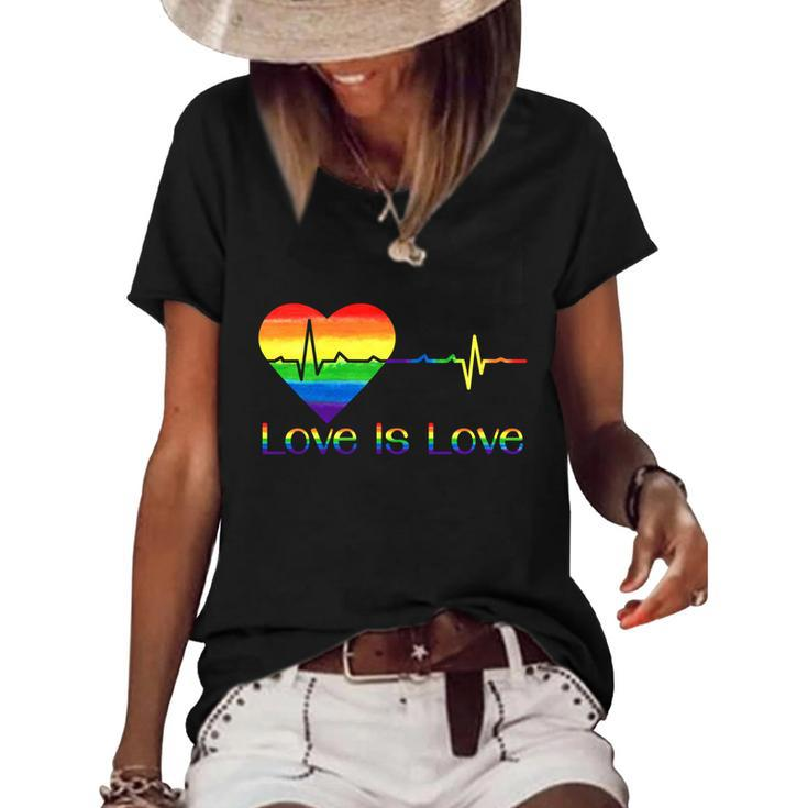 Lovely Lgbt Gay Pride Heartbeat Lesbian Gays Love Is Love Cool Gift Women's Short Sleeve Loose T-shirt