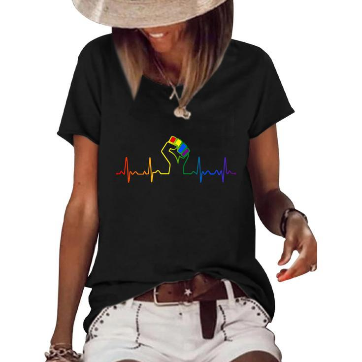 Lovely Lgbt Gay Pride Power Fist Heartbeat Lgbtq Lesbian Gay Meaningful Gift Women's Short Sleeve Loose T-shirt