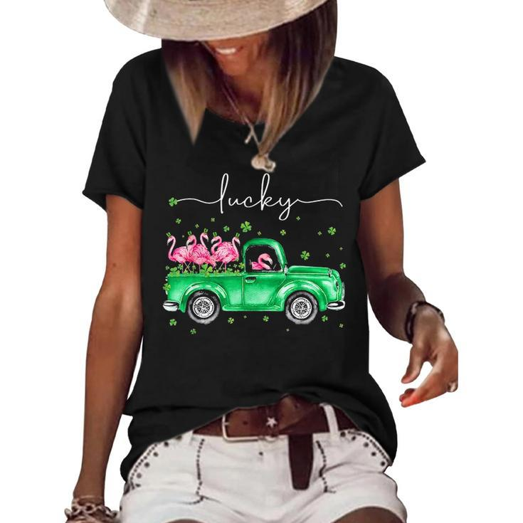 Lucky Flamingo Riding Green Truck Shamrock St Patricks Day Graphic Design Printed Casual Daily Basic Women's Short Sleeve Loose T-shirt