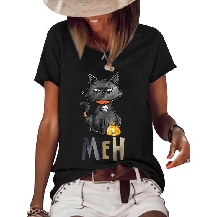 Meh Cat Black Funny For Women Funny Halloween  Women's Short Sleeve Loose T-shirt