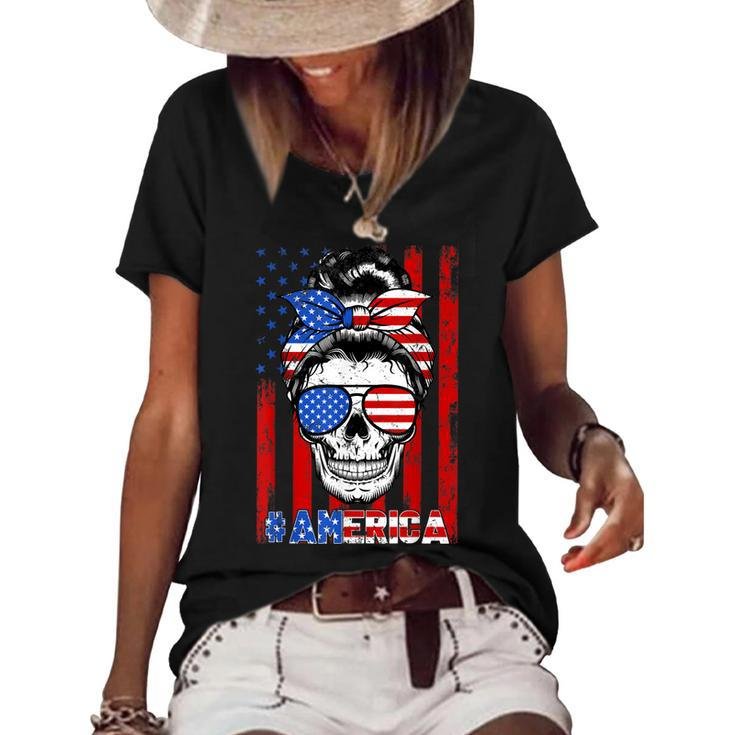 Messy Bun Skull America Flag Glasses 4Th Of July Patriotic  Women's Short Sleeve Loose T-shirt