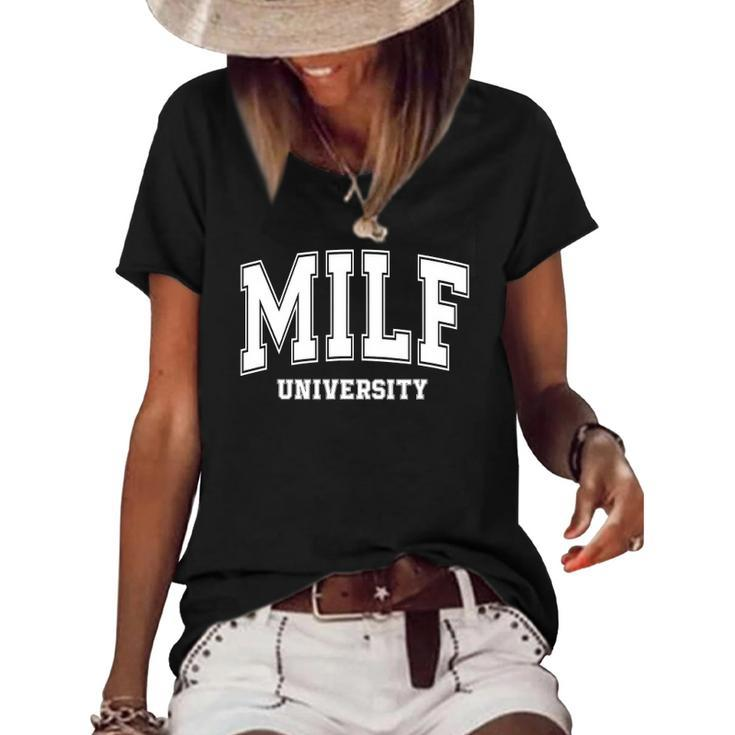 Milf University Vintage Funny Saying Sarcastic Sexy Mom Milf Women's Short Sleeve Loose T-shirt