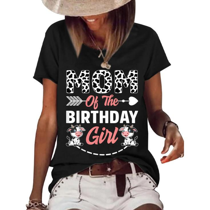 Mom Of The Birthday Girl Cow Birthday Farm Animal  Women's Short Sleeve Loose T-shirt