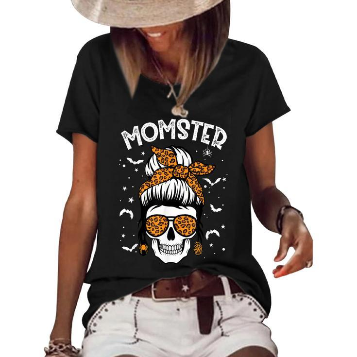 Momster Halloween Costume Skull Mom Messy Hair Bun Monster  Women's Short Sleeve Loose T-shirt
