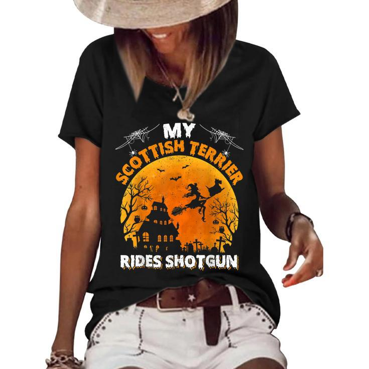 My Scottish Terrier Rides Shotgun Scottish Terrier Halloween  Women's Short Sleeve Loose T-shirt