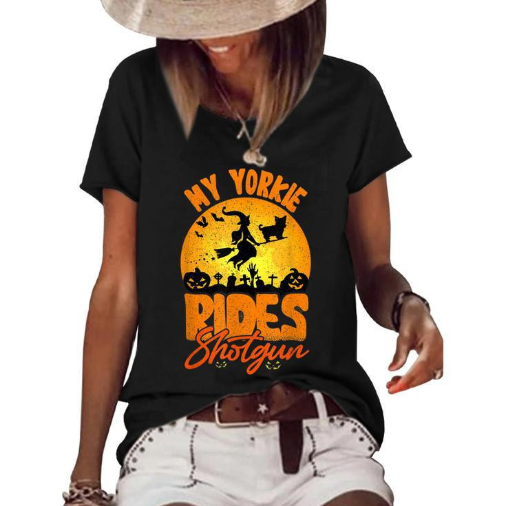My Yorkie Rides Shotgun Halloween Witch Dog Spooky Season  Women's Short Sleeve Loose T-shirt