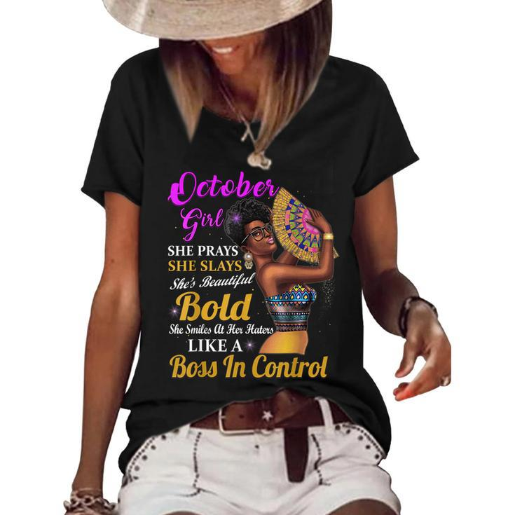 October Girl Libra Birthday Gift Melanin Afro Queen Womens  Women's Short Sleeve Loose T-shirt
