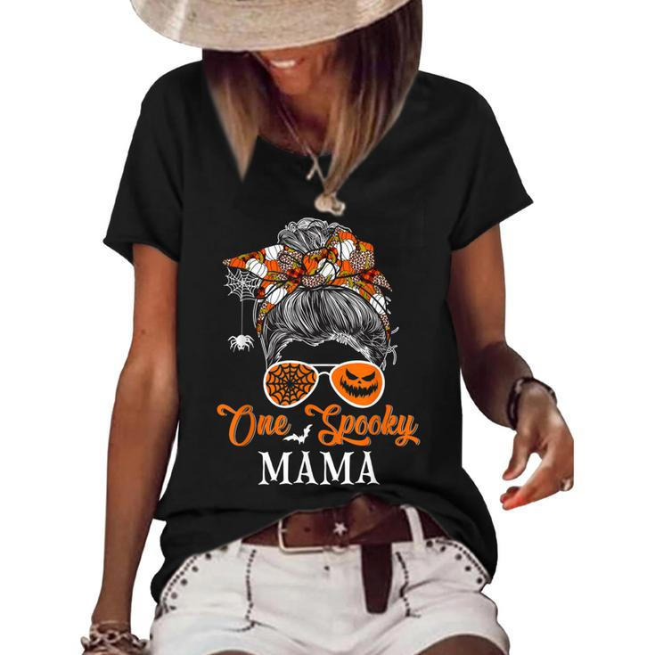 One Spooky Mama Halloween Woman Messy Bun Hair Sunglasses  Women's Short Sleeve Loose T-shirt