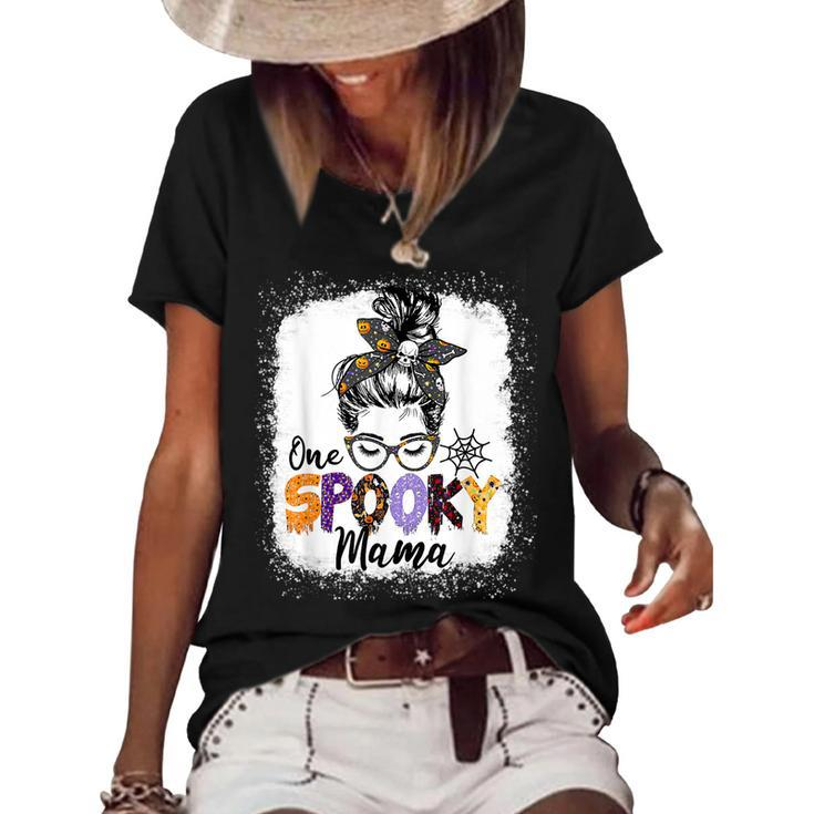 One Spooky Mama Messy Bun Skull Halloween Funny Mom Life  Women's Short Sleeve Loose T-shirt