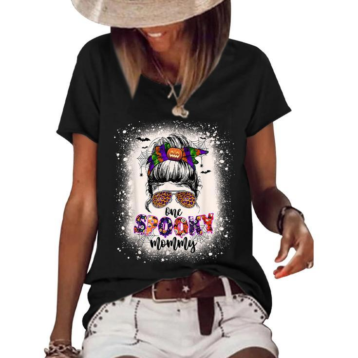 One Spooky Mommy Mama Halloween Mom Life Messy Bun Bleached  Women's Short Sleeve Loose T-shirt