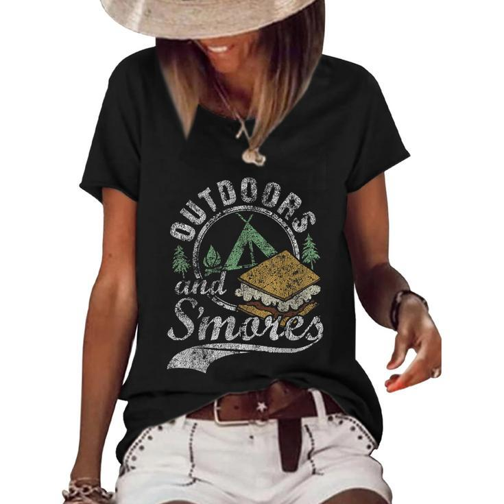Outdoors And Smores Funny Campfire Camping Distressed Gift Women's Short Sleeve Loose T-shirt