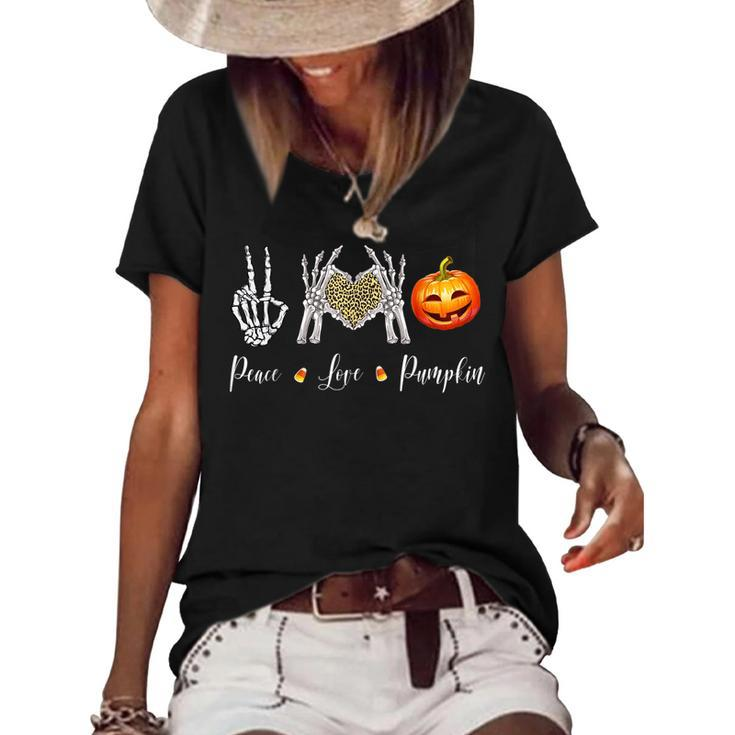 Peace Love Pumpkin Halloween Skeleton Hand Leopard Heart  Women's Short Sleeve Loose T-shirt