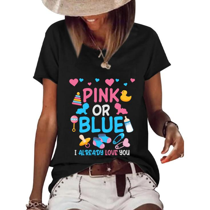 Pink Or Blue I Already Love You Matching Gender Reveal Party Funny Gift Women's Short Sleeve Loose T-shirt