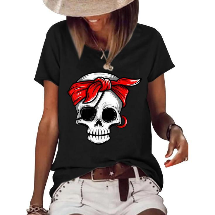 Pirate Dead With Eye Patch Red Bandana Halloween Diy Costume  Women's Short Sleeve Loose T-shirt