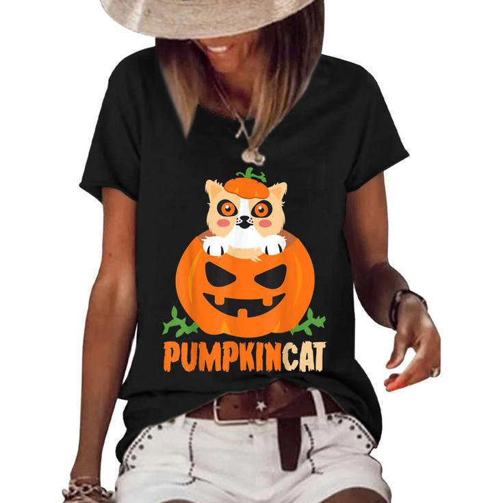 Pumpkin Cat Cute Kitty Trick Or Treat Halloween Costume  Women's Short Sleeve Loose T-shirt