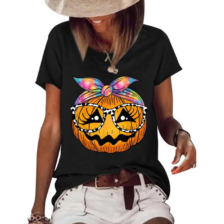 Pumpkin Face Tie Dye Leopard Glasses Halloween Costume Kids  Women's Short Sleeve Loose T-shirt