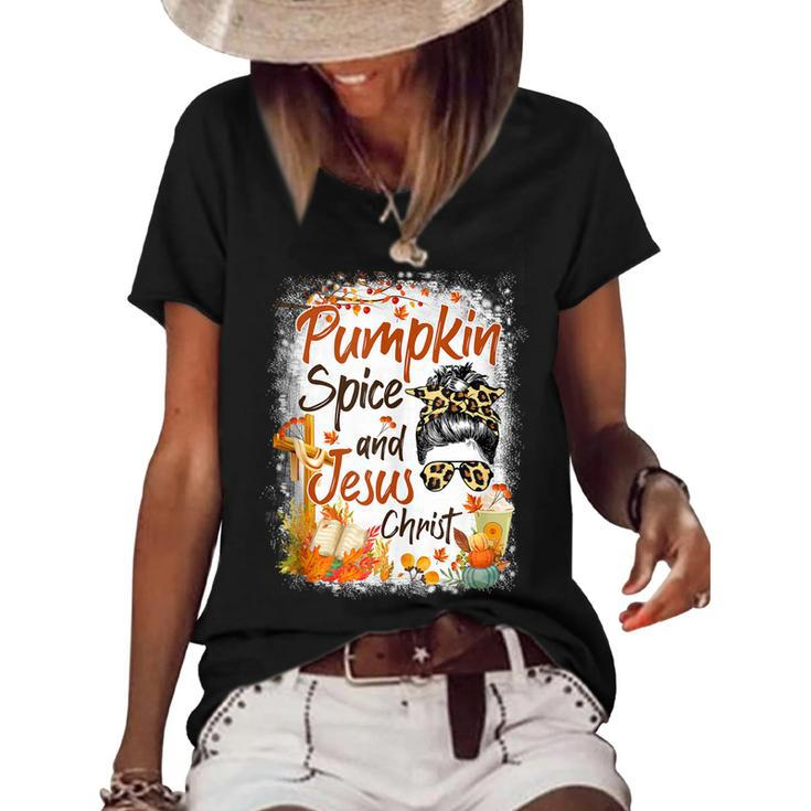 Pumpkin Spice And Jesus Christ Leopard Messy Bun Fall  Women's Short Sleeve Loose T-shirt