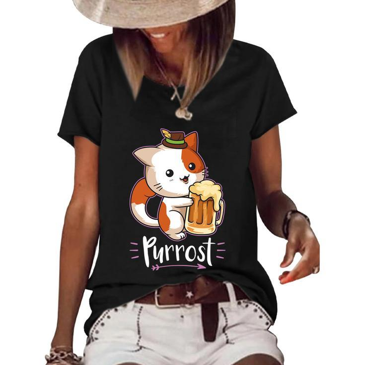 Purrost Prost Oktoberfest Cat German Beer Festival Gift Women's Short Sleeve Loose T-shirt