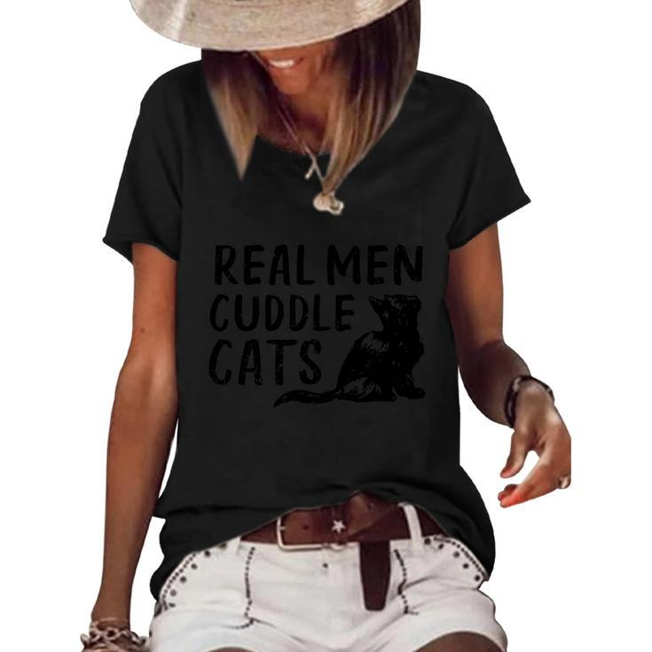 Real Men Cuddle Cats Black Cat Animals Cat Women's Short Sleeve Loose T-shirt