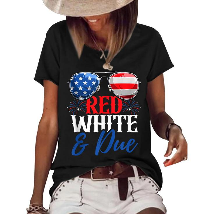 Red White And Due 4Th Of July Pregnancy Announcement Flag  Women's Short Sleeve Loose T-shirt