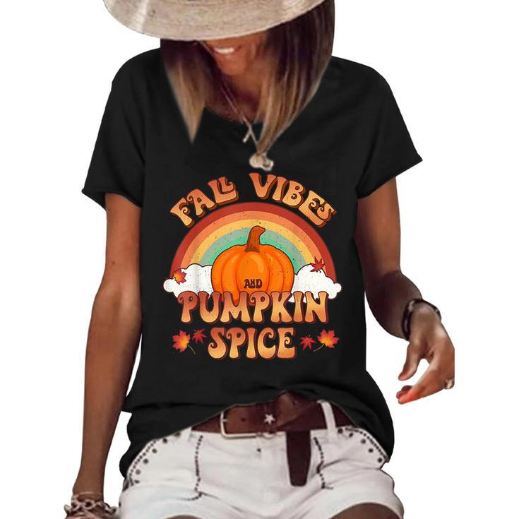 Retro Fall Vibes And Pumpkin Spice Rainbow Fall Autumn  Women's Short Sleeve Loose T-shirt