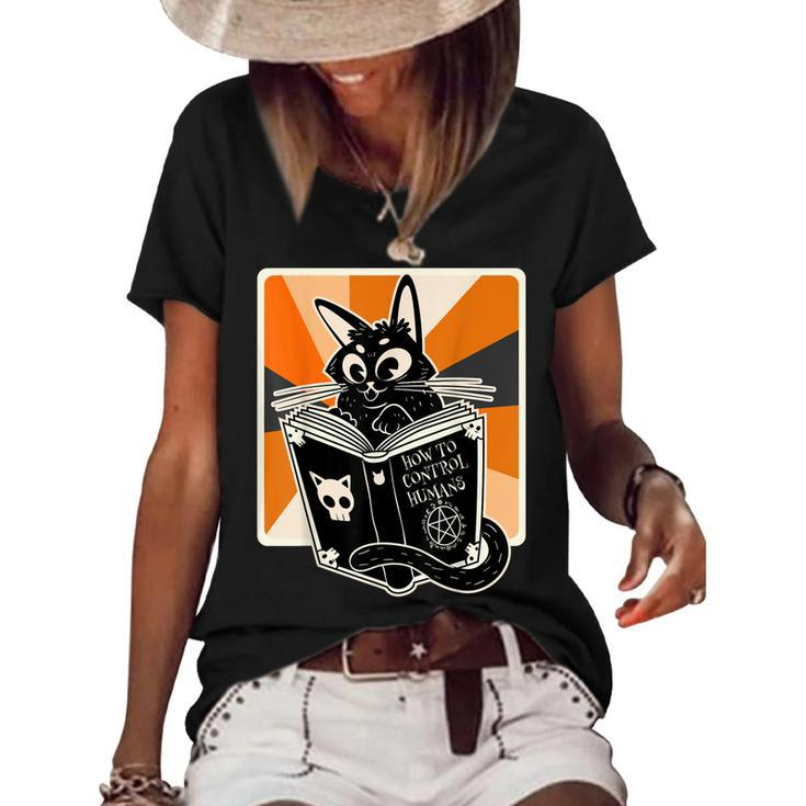 Retro Halloween Black Cat Funny Witch Book Cat Lover  Women's Short Sleeve Loose T-shirt