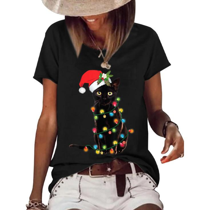 Santa Black Cat Tangled Up In Christmas Tree Lights Holiday  Women's Short Sleeve Loose T-shirt