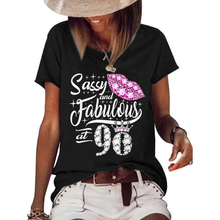 Sassy And Fabulous At 90 Years Old 90Th Birthday Crown Lips  Women's Short Sleeve Loose T-shirt