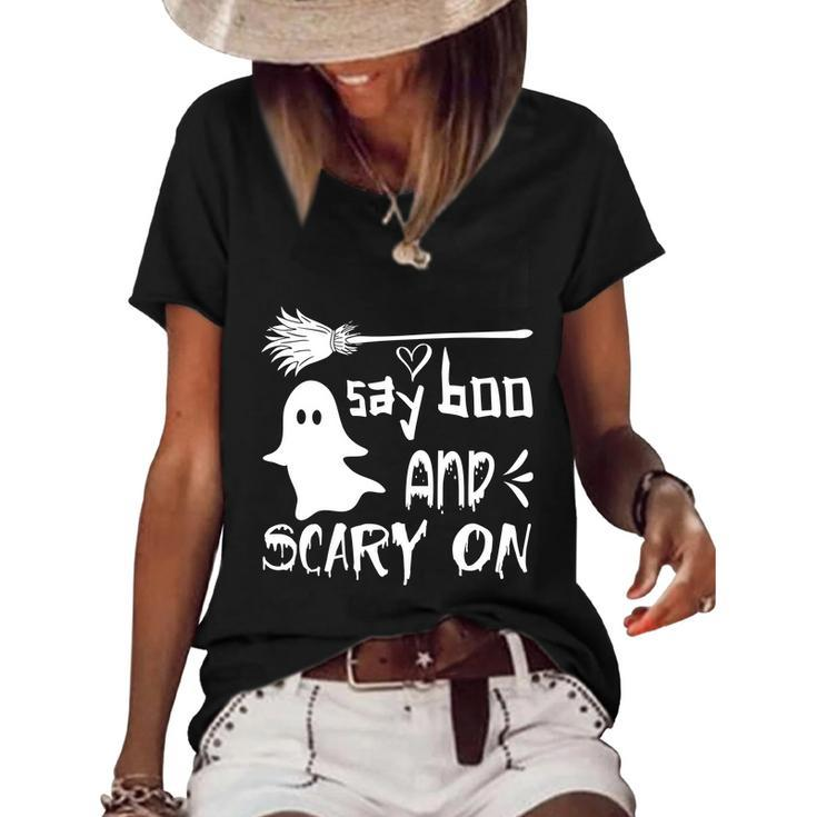 Say Boo And Scary On Halloween Quote Women's Short Sleeve Loose T-shirt