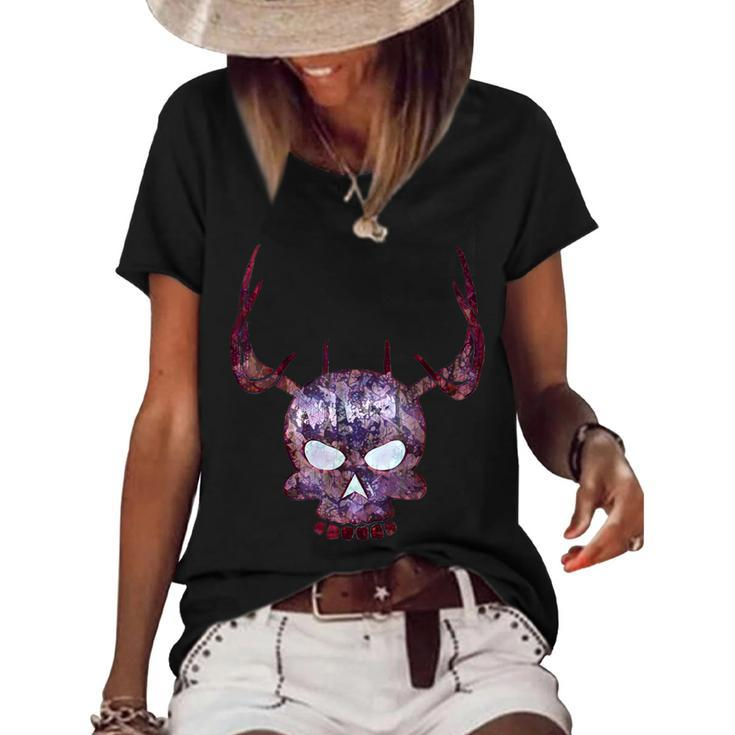 Skull Deer Antler Halloween Scary - Bone Design  Women's Short Sleeve Loose T-shirt