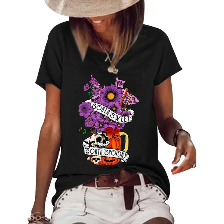 Sorta Sweet Sorta Spooky Flower Skull Pumpkin Halloween  Women's Short Sleeve Loose T-shirt