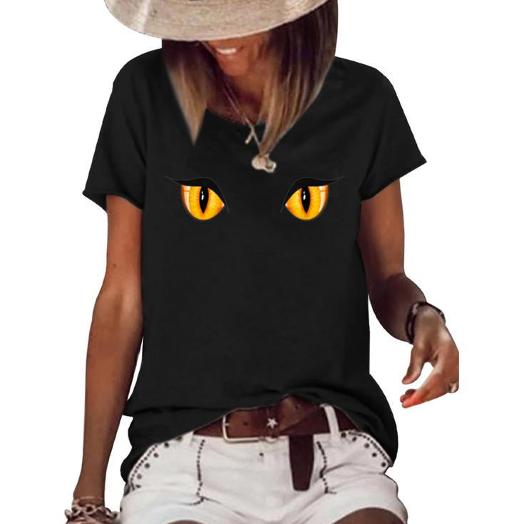 Spooky Creepy Ghost Black Cat Orange Eyes Halloween  Women's Short Sleeve Loose T-shirt