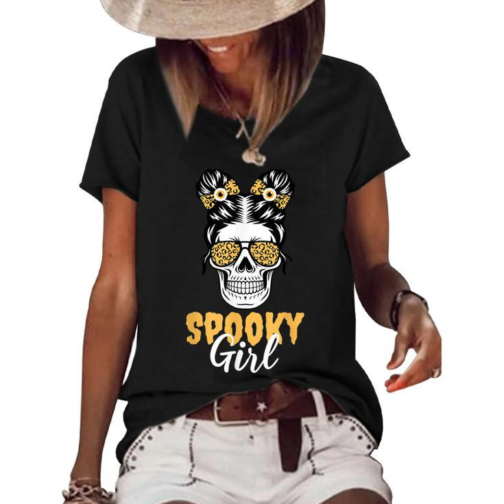 Spooky Halloween Girl Skull Messy Bun Leopard Costume  Women's Short Sleeve Loose T-shirt