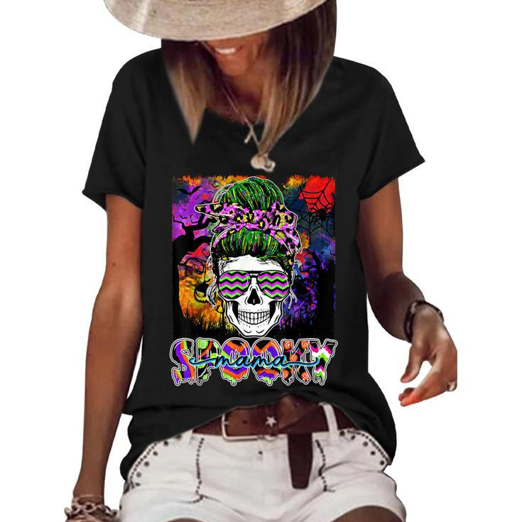 Spooky Mama Halloween Costume Witch Skull Messy Bun Leopard  Women's Short Sleeve Loose T-shirt