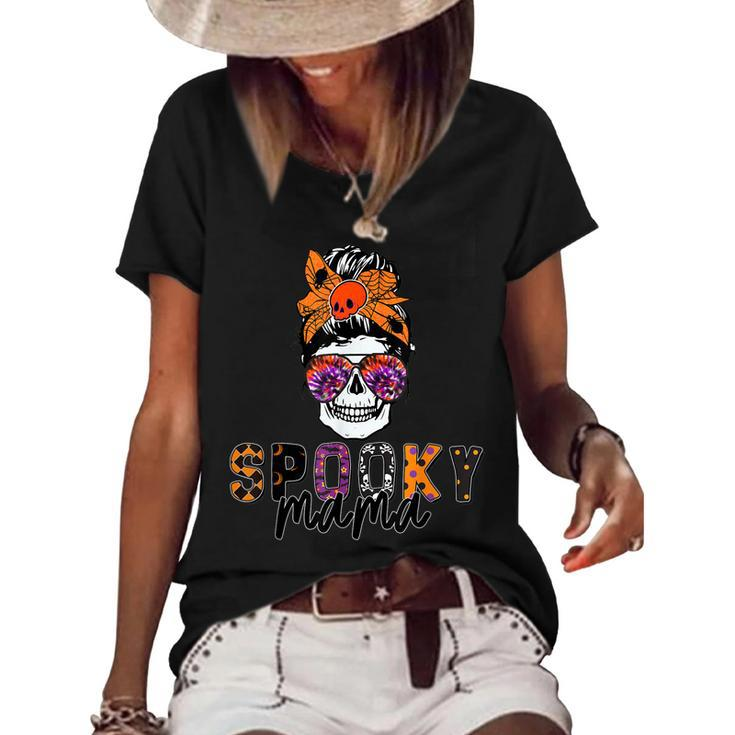 Spooky Mama Skull Halloween Womens Messy Bun Witch  Women's Short Sleeve Loose T-shirt