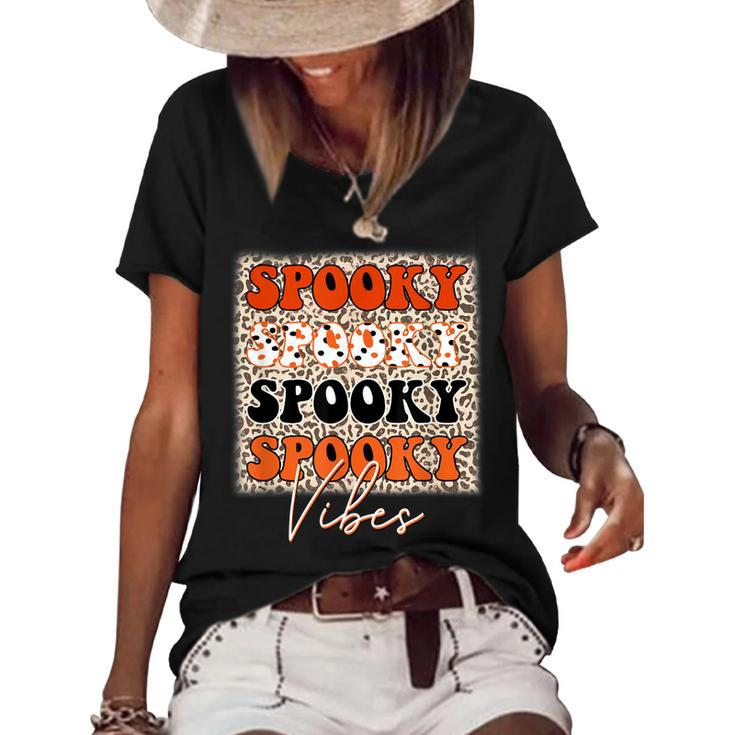 Spooky Vibes Halloween  Spooky Leopard Pattern Autumn  Women's Short Sleeve Loose T-shirt