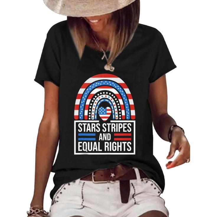 Stars Stripes &Amp Equal Rights Rainbow American Flag Feminist Women's Short Sleeve Loose T-shirt