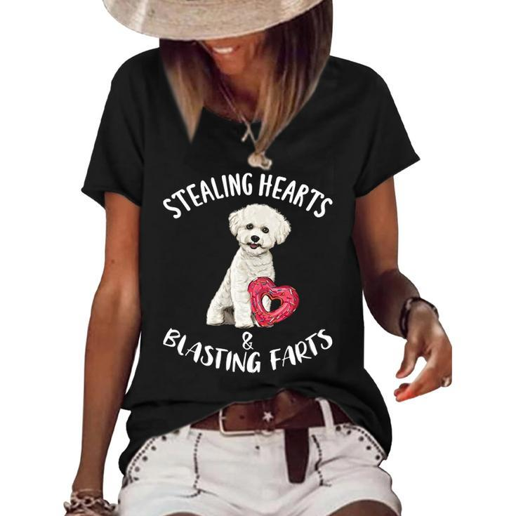 Stealing Hearts Blasting Farts Bichons Frise Valentines Day Women's Short Sleeve Loose T-shirt