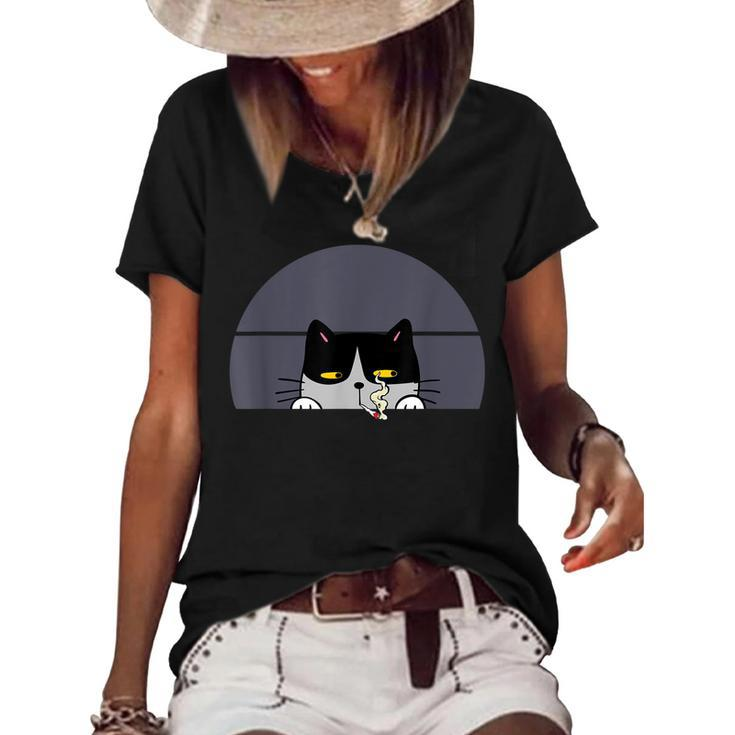 Stoned Black Cat Smoking And Peeking Sideways With Cannabis  Women's Short Sleeve Loose T-shirt