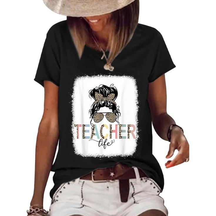 Teacher Life Bleached  Teacher Life Royal Messy Bun  Women's Short Sleeve Loose T-shirt