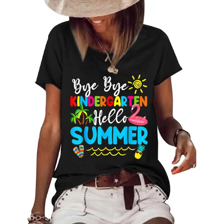 Teacher Student Kids Bye Bye Kindergarten Hello Summer  Women's Short Sleeve Loose T-shirt