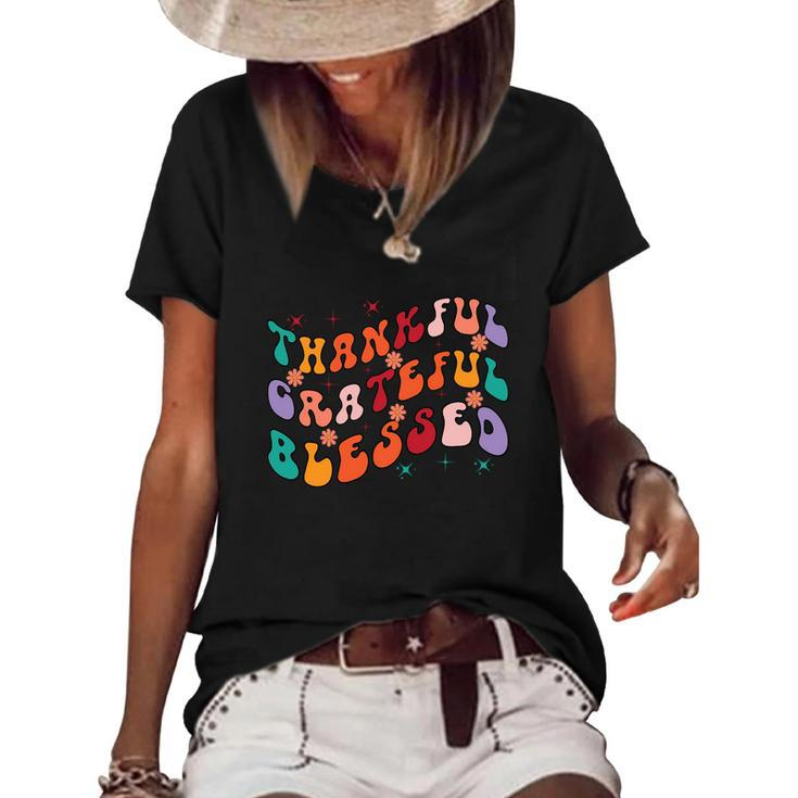 Thankful Grateful Blessed Fall Glitter Gift Women's Short Sleeve Loose T-shirt
