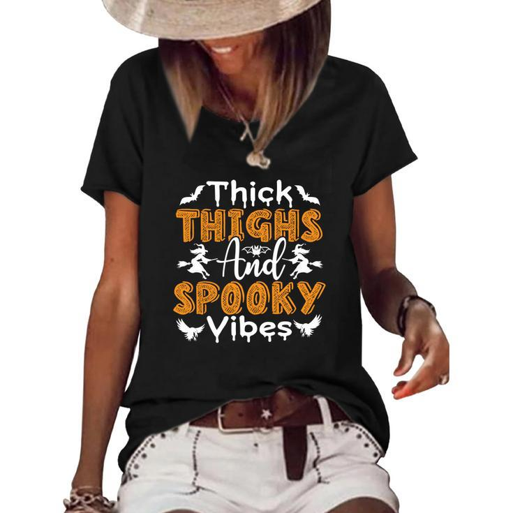 Thick Thights And Spooky Vibes Witch Broom Halloween Women's Short Sleeve Loose T-shirt