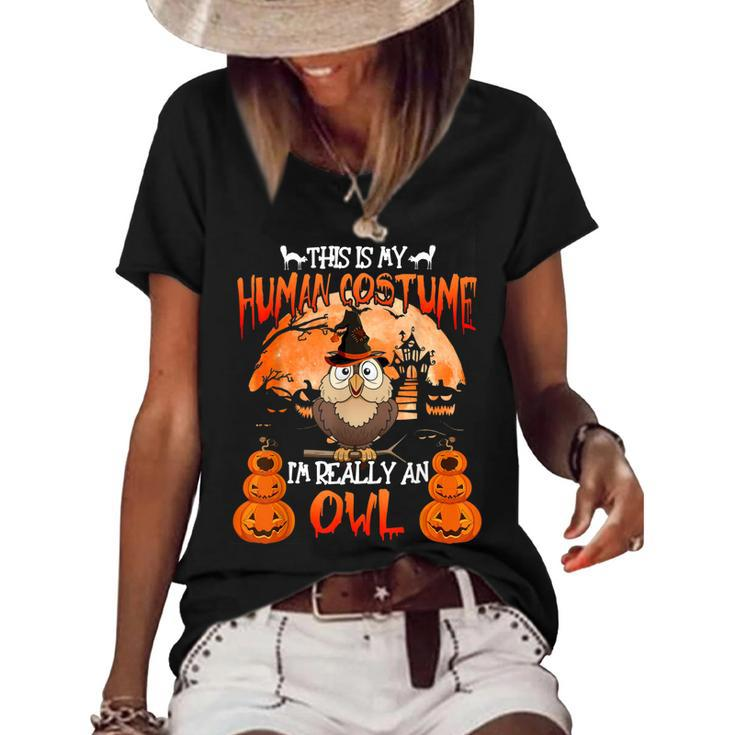 This Is My Human Costume Really An Owl Witch Halloween  Women's Short Sleeve Loose T-shirt