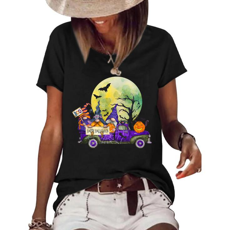Truck With Cute Gnomes And Pumpkins In Halloween  Women's Short Sleeve Loose T-shirt