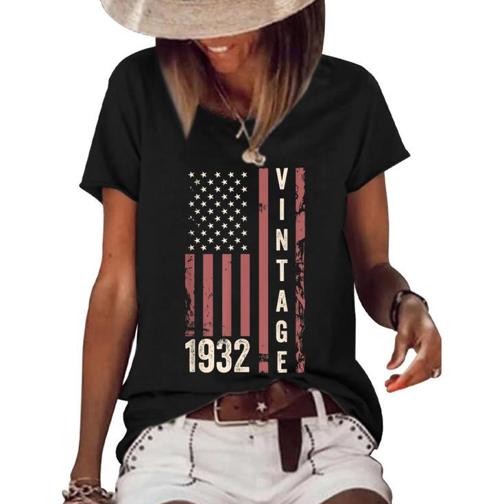 Vintage 1932 90Th Birthday 90 Years Old Funny American Flag  Women's Short Sleeve Loose T-shirt