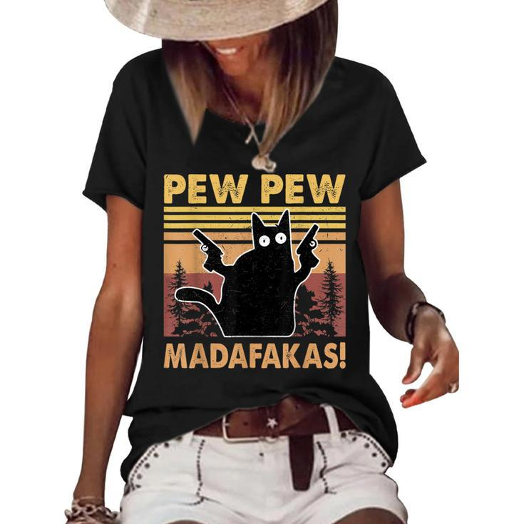 Vintage Black Cat Pew Pew Madafakas Funny Crazy Cat Lovers  V2 Women's Short Sleeve Loose T-shirt