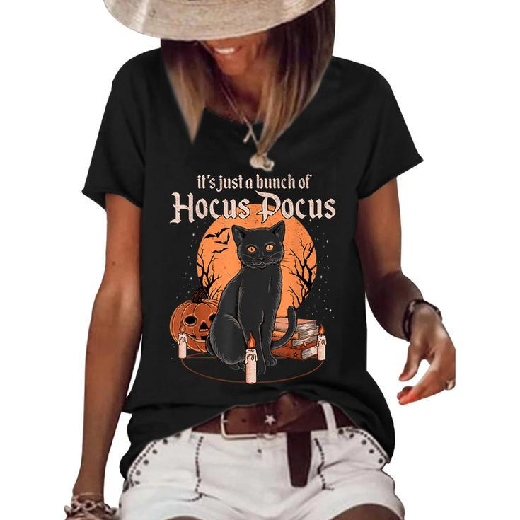Vintage Halloween Black Cat Its Just A Bunch Of Hocus Pocus  Women's Short Sleeve Loose T-shirt