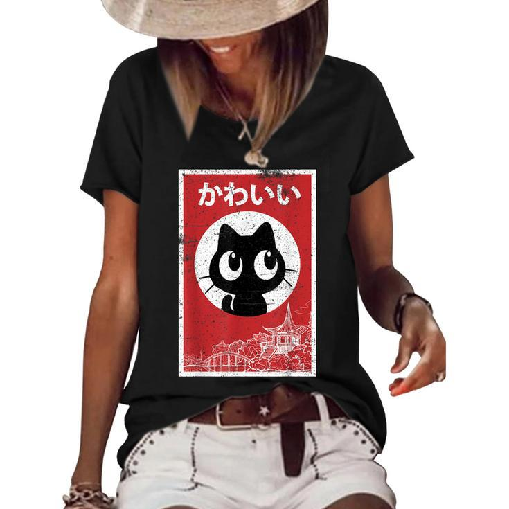 Vintage Kawaii Black Cat Ramen Lover Retro Japanese Food  V2 Women's Short Sleeve Loose T-shirt