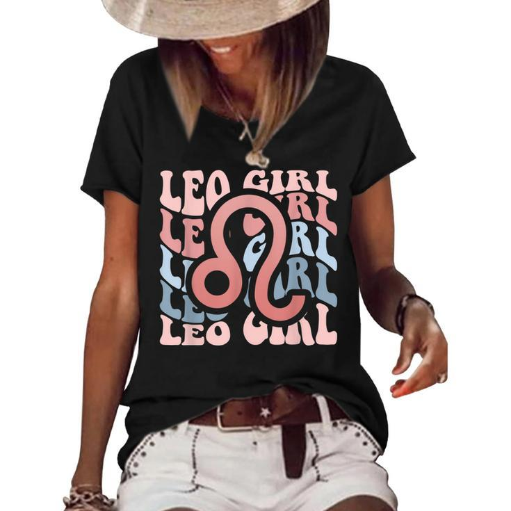 Vintage Leo Girl Retro Birthday Queen Women Horoscope  Women's Short Sleeve Loose T-shirt